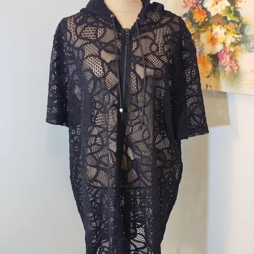 Catherine’s Black Beach Swimsuit Cover Up Sheer 2x 22/24w Zip Up Hooded Womens